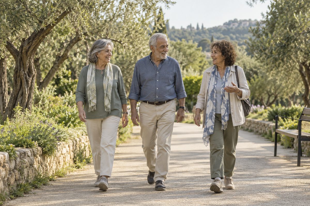 שלושה אנשים מבוגרים בהליכה משותפת בשביל בין עצי זית, פעילות גופנית ומעורבות חברתית כגורמים מגנים על המוח