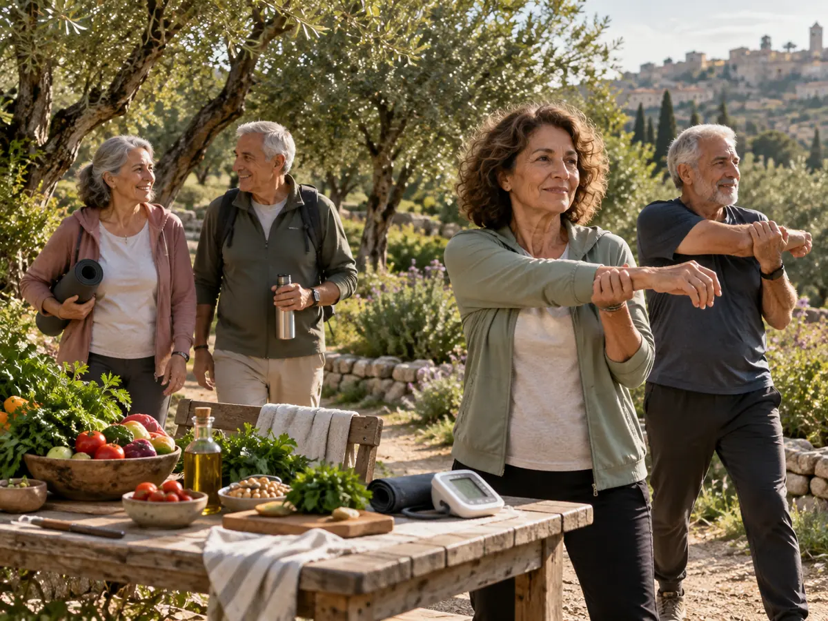 קבוצת מבוגרים בפעילות גופנית קלה בחוץ לצד שולחן עם ירקות ומכשיר למדידת לחץ דם, המחשה להתערבות רב-תחומית