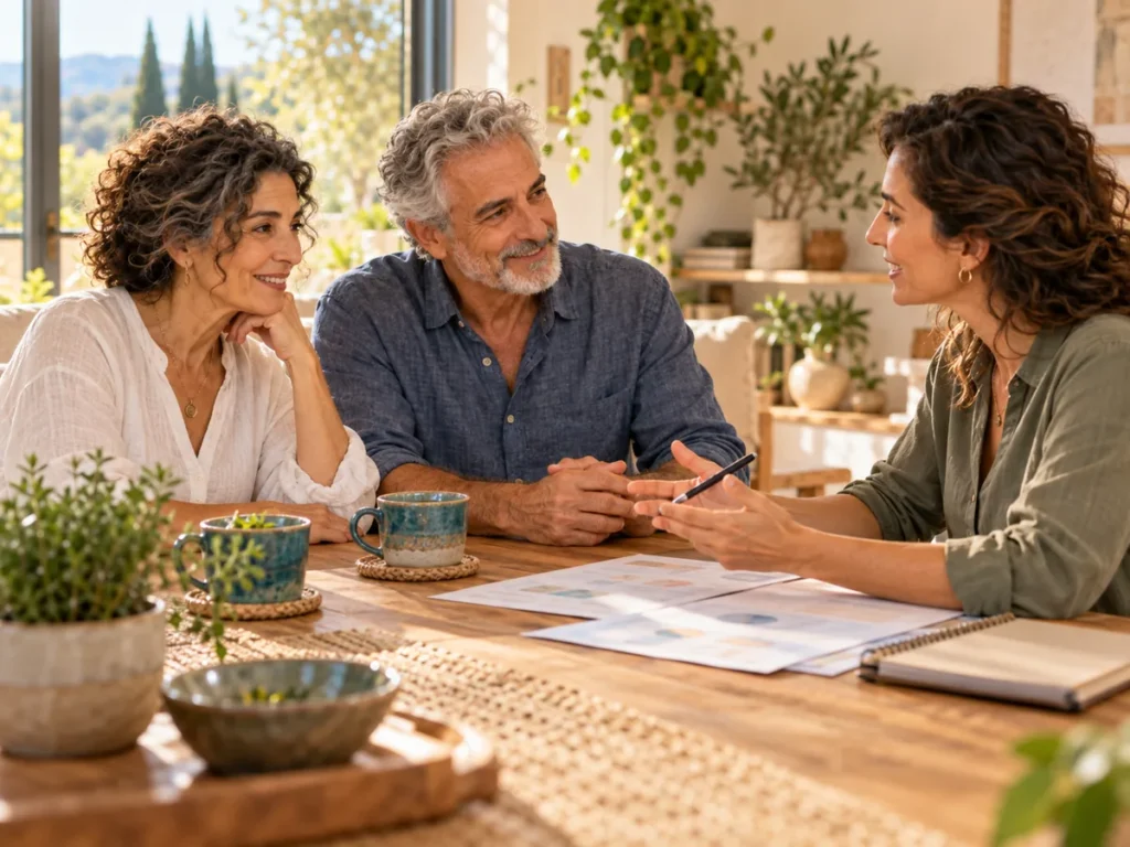 נטורופתית בשיחת ייעוץ עם זוג מבוגרים סביב שולחן עץ, מיפוי אישי של גורמי סיכון לבריאות המוח
