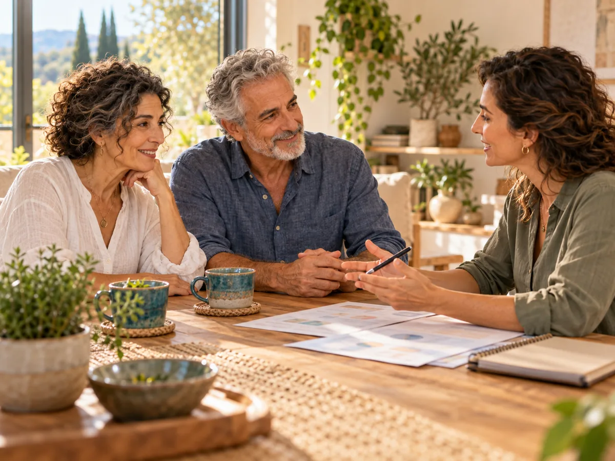 נטורופתית בשיחת ייעוץ עם זוג מבוגרים סביב שולחן עץ, מיפוי אישי של גורמי סיכון לבריאות המוח